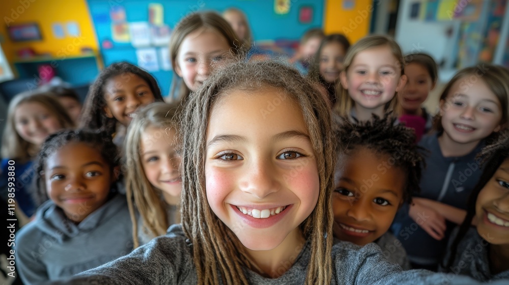 Fototapeta premium A selfie of happy children smiling and looking at the camera, with their friends around them in an elementary school classroom.