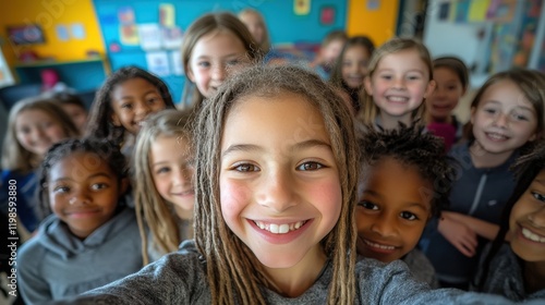 A selfie of happy children smiling and looking at the camera, with their friends around them in an elementary school classroom.