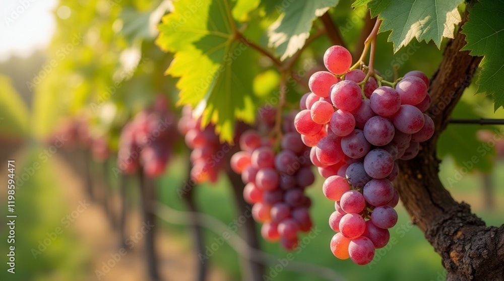 In A Sun-Drenched Vineyard, Vibrant Clusters Of Ripe Grapes Hang From The Vines, In A Sun-Drenched Vineyard, Vibrant Clusters Of Ripe Grapes Hang From The Vines,