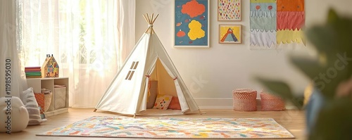 Children room interior concept. A cozy children's room featuring a play tent, colorful decor, and soft textures. photo