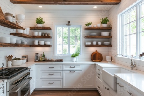 White kitchen features rustic wooden shelves and white cabinetry
