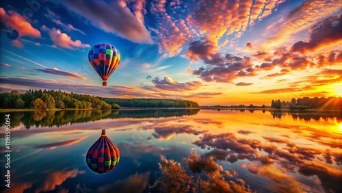 Hot Air Balloon Lake Sunset Landscape - Serene Evening Flight
