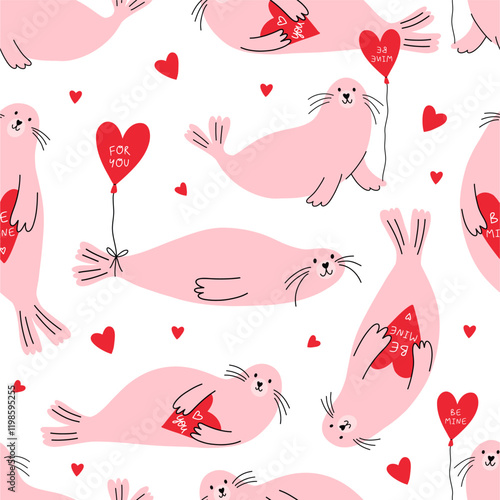 Cute cartoon Seal. Happy Valentine's Day vector card in flat style. Playful seamless pattern Seal with heart