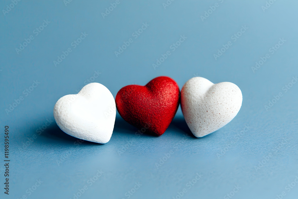 Obraz premium A few scattered hearts in red and white on a solid background creating a simple yet romantic Valentines Day design