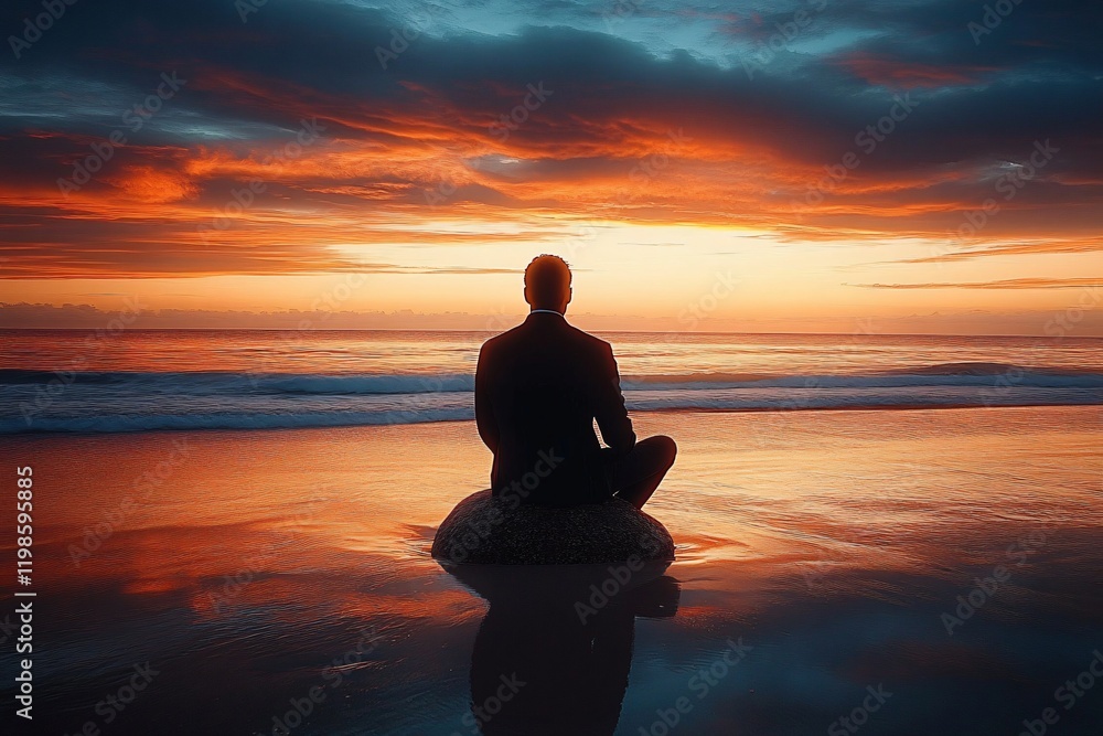 A solitary figure at sunset on a beach, ideal for meditation and reflection themes, promotional materials for wellness events, or travel articles focusing on tranquility. A solitary figure at sunset on a beach, ideal for meditation and reflection themes, promotional materials for wellness events, or travel articles focusing on tranquility.