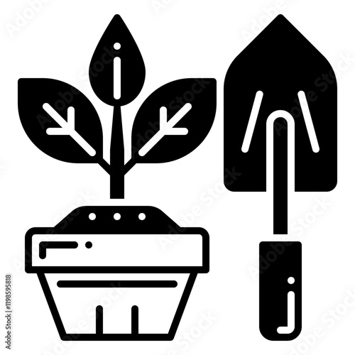 Gardening Icon with Trowel and Potted Young Plant