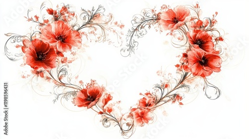 Romantic Floral Heart Design with Red Poppies and Elegant Swirls
