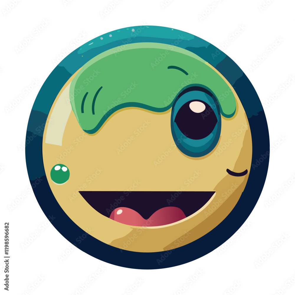 Cheerful Cartoon Emoji with Green Splash – Fun Yellow Emoticon Illustration for Stickers and Creative Designs Cheerful Cartoon Emoji with Green Splash – Fun Yellow Emoticon Illustration for Stickers and Creative Designs