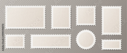 Retro postage stamps set isolated on transparent background. Vector realistic illustration of blank craft square, rectangle, round shape paper stickers for postcard, envelope, parcel, mail delivery