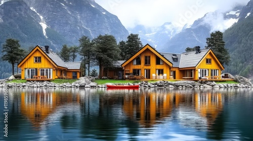 Charming yellow houses by a serene lake surrounded by majestic mountains.