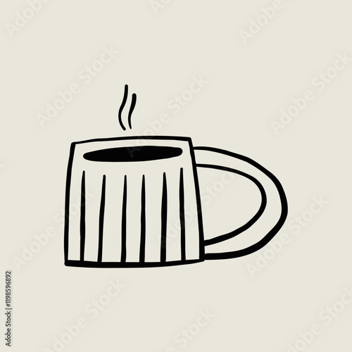 Potted Ceramic Coffee Cup. Tea Mug Sketch Black Line Symbol. Stylized Whimsical Hand Drawn Vector Element Decor