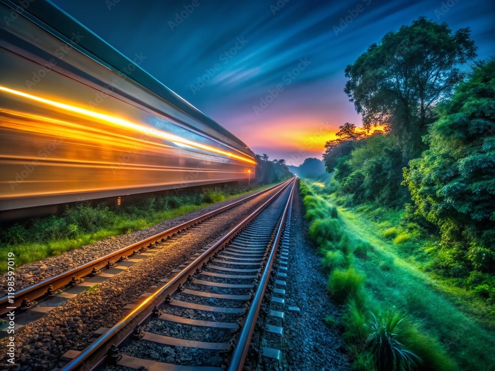 Fototapeta premium Indian Train Night Long Exposure, Blurry Motion, Railway Tracks, Rural India, Low Light Photography