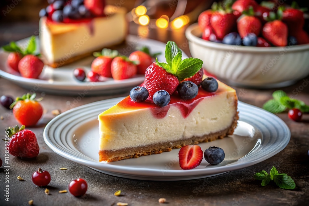 Indulgent Cheesecake Slice with Fresh Fruit - Low Light Dessert Photography Indulgent Cheesecake Slice with Fresh Fruit - Low Light Dessert Photography