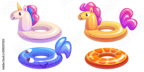 Pool ring set with cute animal designs - inflatable unicorn, swimming tube with horse head, fish shaped equipment and orange citrus rubber circle. water games and summer recreation accessories.