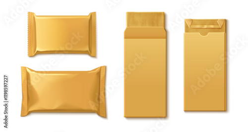 Chocolate bar mockup collection of golden packaging - empty snack pouches in various sizes, vertical rectangular containers, sealed foil wrappers with textured edges. Confectionery branding template.