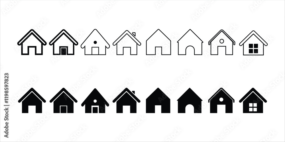 Home button icons set black and outlined Home page icon. Isolated Vector illustration of Simple house symbols and building icon. Home button icons set black and outlined Home page icon. Isolated Vector illustration of Simple house symbols and building icon.