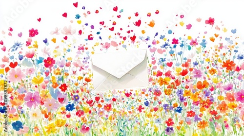 Elegant opened envelope with half-exposed blank letter paper amidst vibrant flowers, symbolizing communication and beauty photo