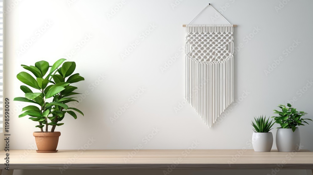 Fototapeta premium Minimalist room interior idea. Minimalist home decor featuring plants and wall hanging for a serene atmosphere.