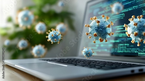 Digital illustration of virus particles hovering over a laptop depicting technology impact. photo