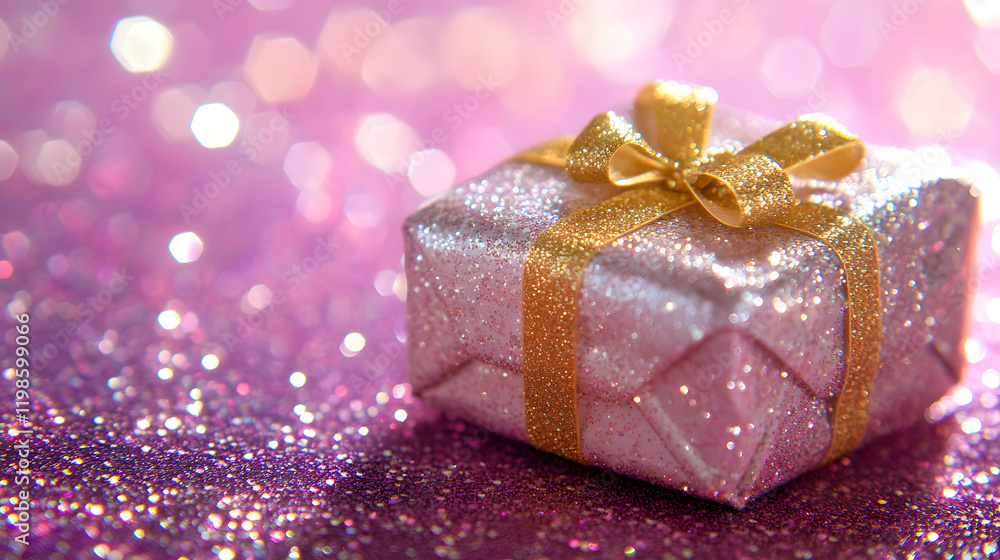 Sparkling gift wrapped with gold ribbon on a glittery pink background Sparkling gift wrapped with gold ribbon on a glittery pink background