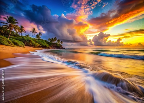 Jobos Beach Puerto Rico: Long Exposure Waves Crashing on Sandy Shore at Sunset