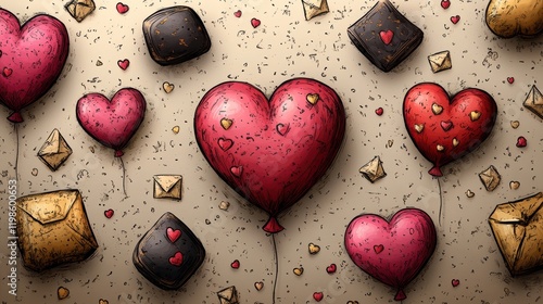 Colorful Valentine Decorations with Hearts, Balloons, and Envelopes