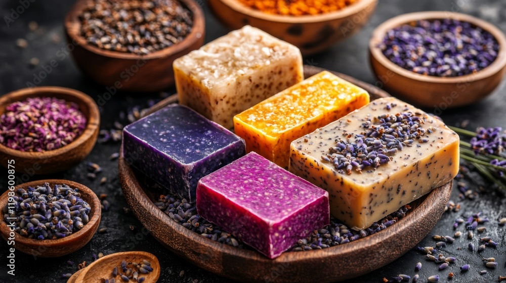 Assortment of artisan-made herbal soaps with dried lavender and other natural ingredients Assortment of artisan-made herbal soaps with dried lavender and other natural ingredients