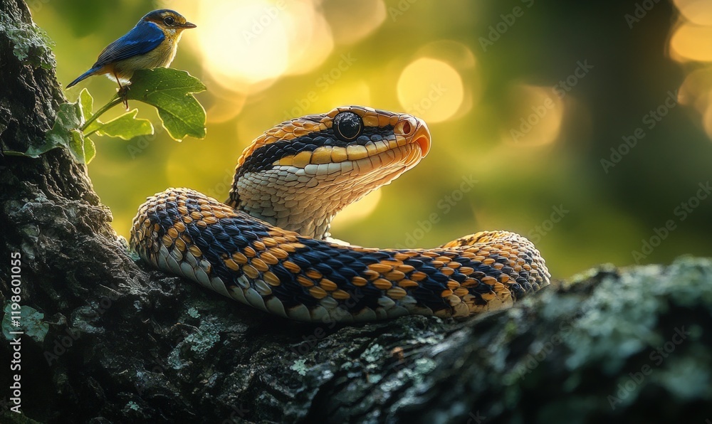 Beautiful snake, tiny bird, tree, sunlit scene. Beautiful snake, tiny bird, tree, sunlit scene.