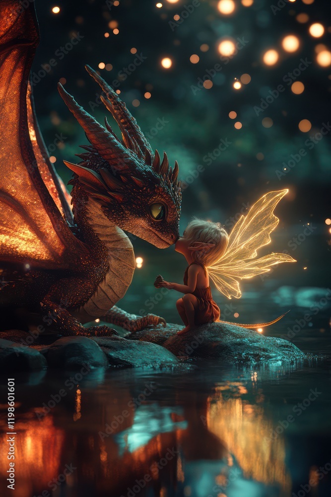 Dragon, fairy, nighttime forest, magical kiss, fantasy art