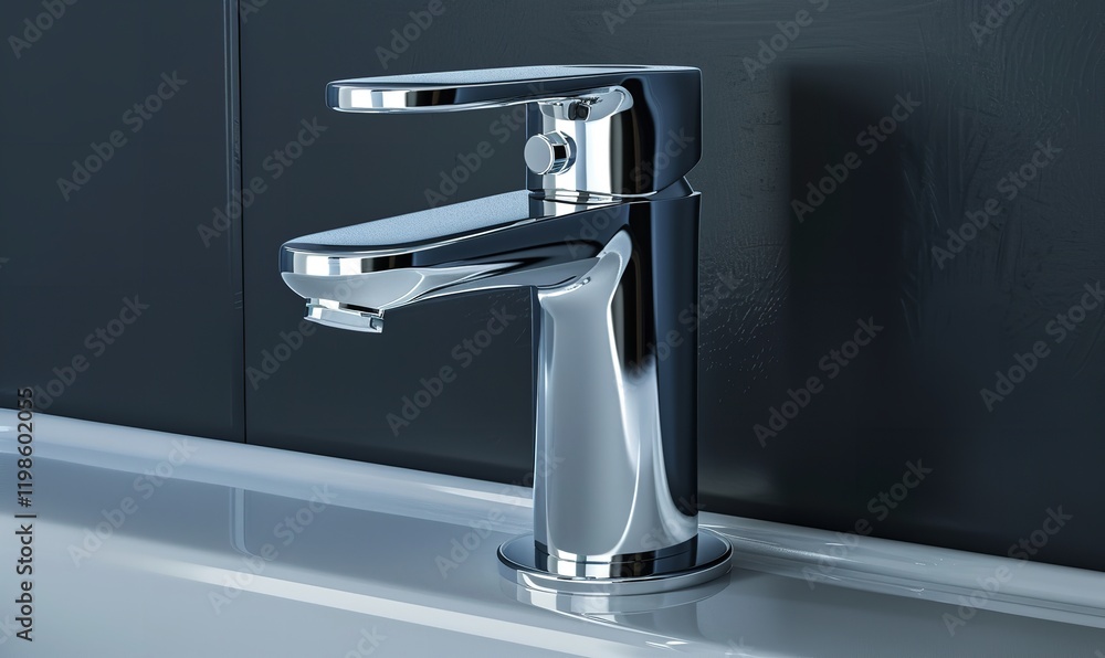 A sleek modern bathroom faucet with a smooth metallic finish and a minimalist chrome design on a dark background, Generative AI. A sleek modern bathroom faucet with a smooth metallic finish and a minimalist chrome design on a dark background, Generative AI.