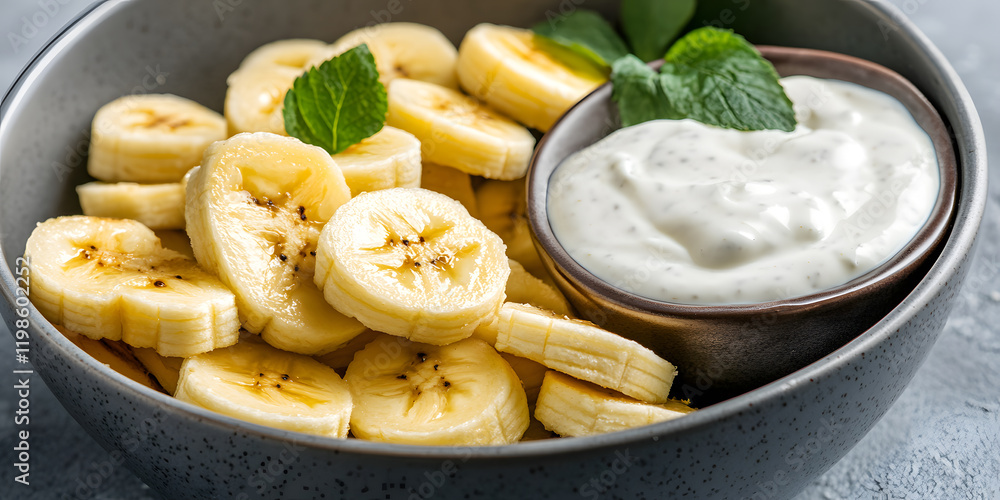 Sliced bananas with creamy dip. A healthy and delicious snack or dessert option, perfect for a light meal. Sliced bananas with creamy dip. A healthy and delicious snack or dessert option, perfect for a light meal.