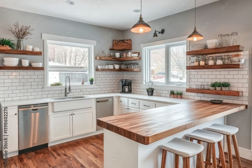 Fototapeta premium Modern Farmhouse Kitchen Island and White Cabinets