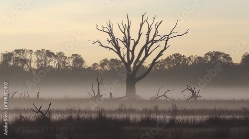 Wallpaper Mural Mystical Sunrise Fog Over Wetlands Silhouette of Dead Tree Tranquil Nature Scene Torontodigital.ca