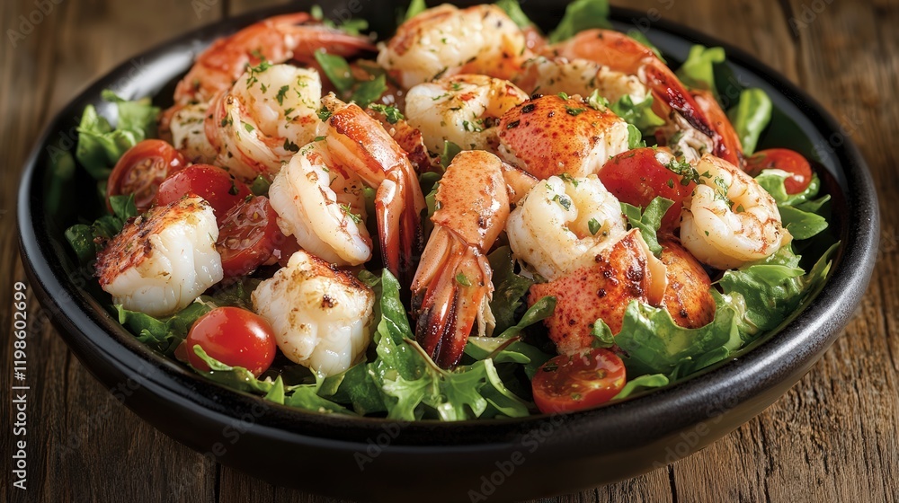 fresh seafood salad with lobster, crab, and shrimp, tossed with mixed greens, cherry tomatoes, and a tangy vinaigrette dressing fresh seafood salad with lobster, crab, and shrimp, tossed with mixed greens, cherry tomatoes, and a tangy vinaigrette dressing
