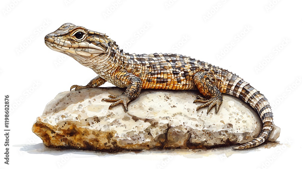 Naklejka premium A Detailed Watercolor Painting of a Gila Monster Resting on a Rock.