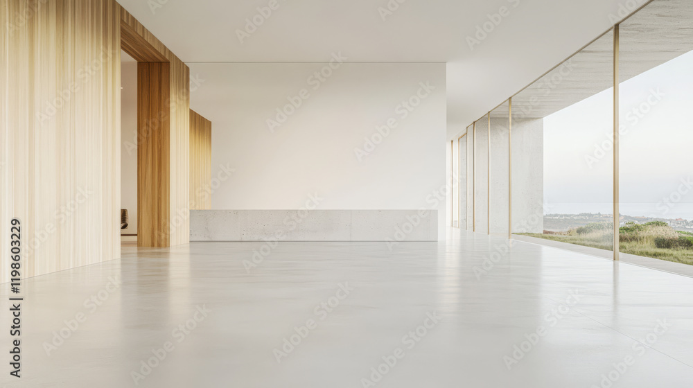 Modern minimalistic interior design featuring sleek lines and natural light in a coastal setting Modern minimalistic interior design featuring sleek lines and natural light in a coastal setting