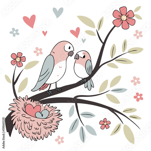 A vector illustration of two lovebirds perched on a branch, with a heart-shaped nest below them, surrounded by blooming colorful flowers