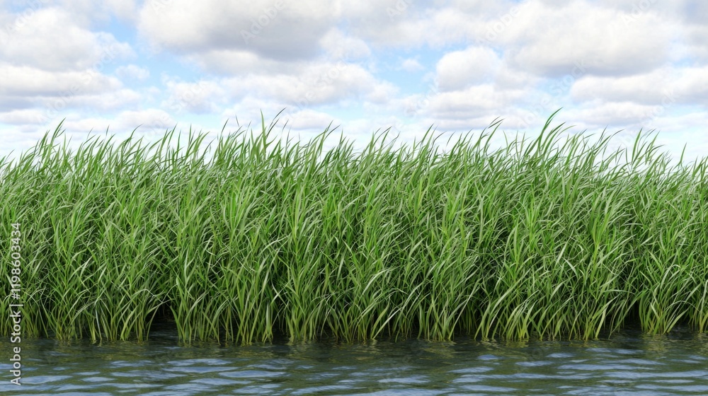 Fototapeta premium Lush Green Grass by Water Summer Sky Background Nature Scene Plants Wetland Riverbank