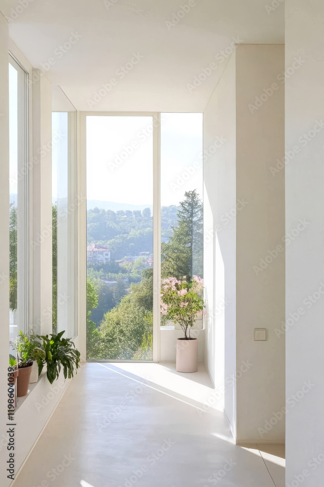 Fototapeta premium Bright and airy hallway with large windows and view of nature in daytime