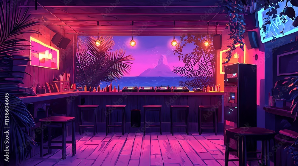 Neon-lit Tropical Bar with Ocean View at Sunset Vibrant Digital Painting of a Beachfront Bar. Neon-lit Tropical Bar with Ocean View at Sunset Vibrant Digital Painting of a Beachfront Bar.