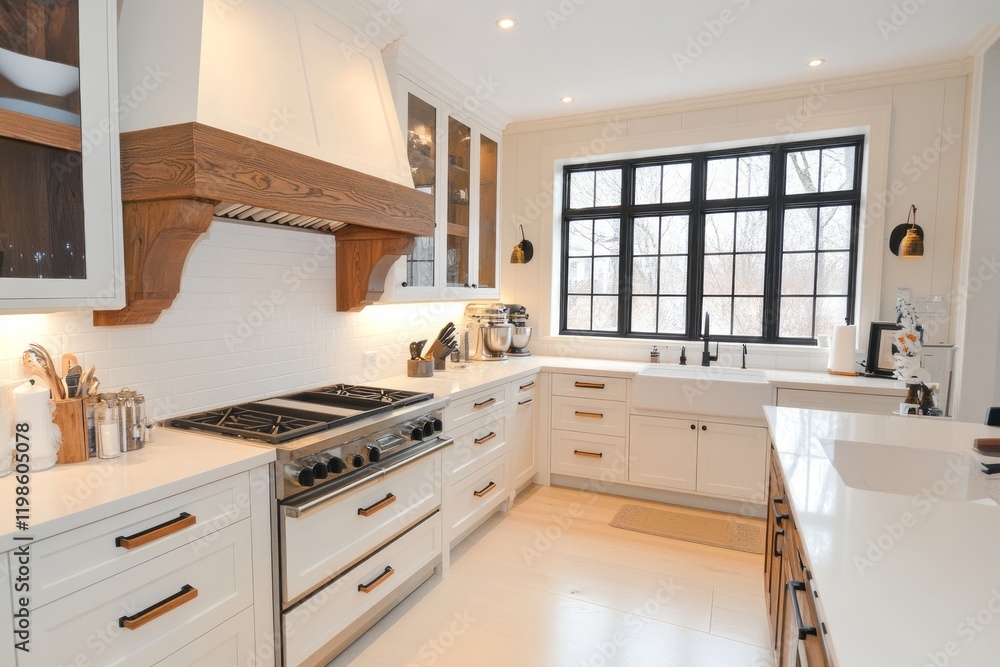 Fototapeta premium Modern Farmhouse Kitchen Design Featuring White Cabinets and Wood Accents