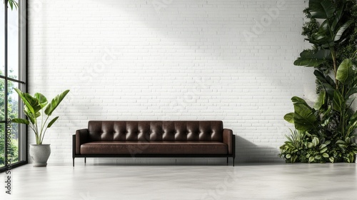 Modern Interior Design: Brown Leather Sofa Against a White Brick Wall, Plants and Window