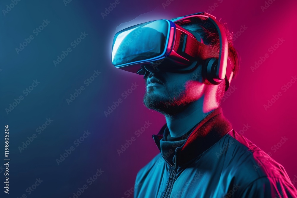 A man experiences immersive technology while wearing virtual reality goggles in a futuristic setting with vibrant neon lighting during a nighttime event A man experiences immersive technology while wearing virtual reality goggles in a futuristic setting with vibrant neon lighting during a nighttime event