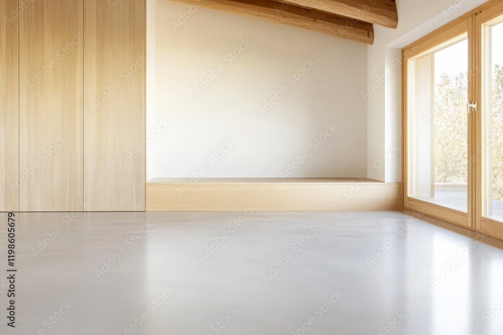 Spacious interior with natural light and wooden accents in a modern setting Spacious interior with natural light and wooden accents in a modern setting