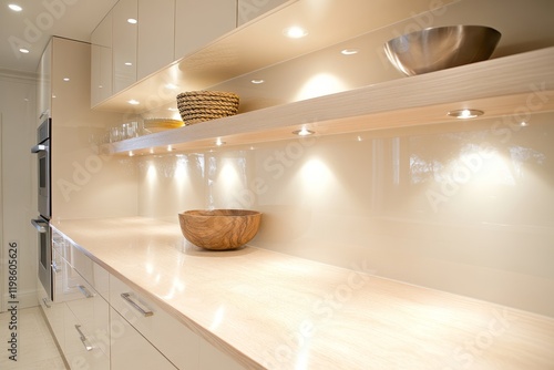 Modern Kitchen Design With Light Wood Cabinets And Underlighting photo