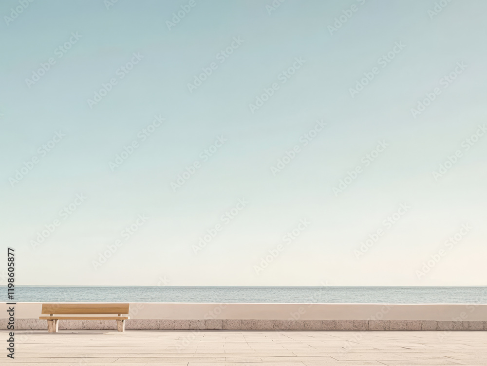 Empty bench by tranquil sea under clear sky at sunset