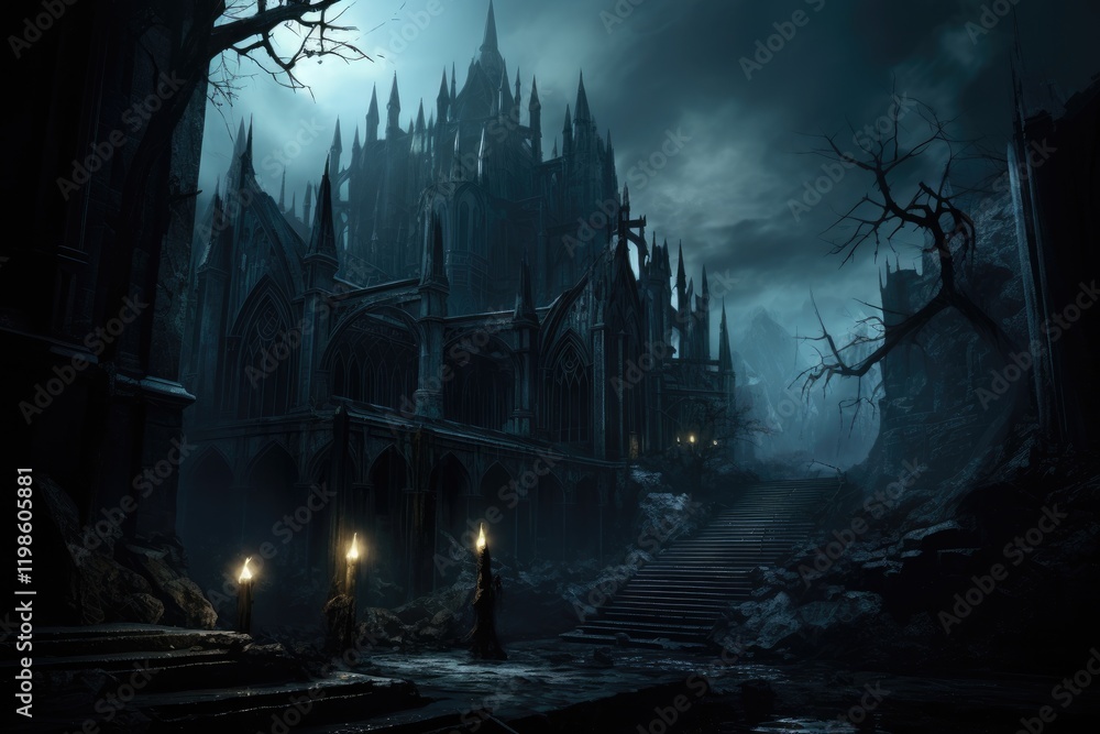 Gothic architecture looms in the gloomy atmosphere of an ancient castle surrounded by barren trees, illuminated by flickering torches on stone steps under a clouded sky Gothic architecture looms in the gloomy atmosphere of an ancient castle surrounded by barren trees, illuminated by flickering torches on stone steps under a clouded sky