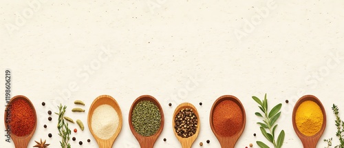 Assorted spices and herbs in wooden spoons on a light background. Perfect for culinary, cooking, and food photography projects.