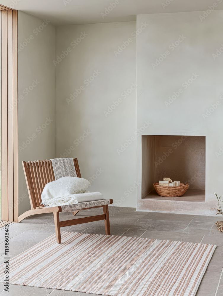 Fototapeta premium Cozy living room with modern design featuring a wooden chair and serene fireplace