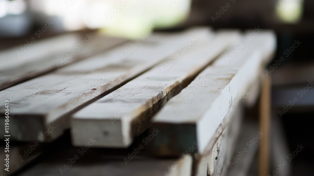 Stacked wooden planks ready for craftsmanship in a workshop setting during the day Stacked wooden planks ready for craftsmanship in a workshop setting during the day